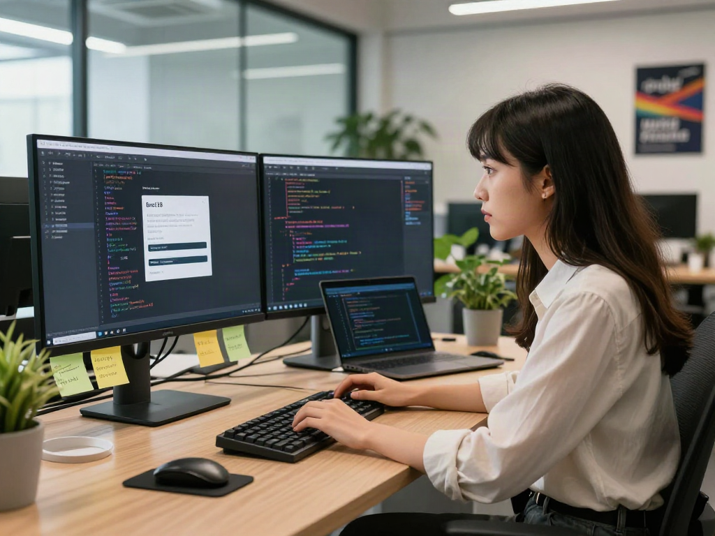 Developer focusing on bro138 login process in a modern tech workspace, showcasing dual monitors and coding tools.