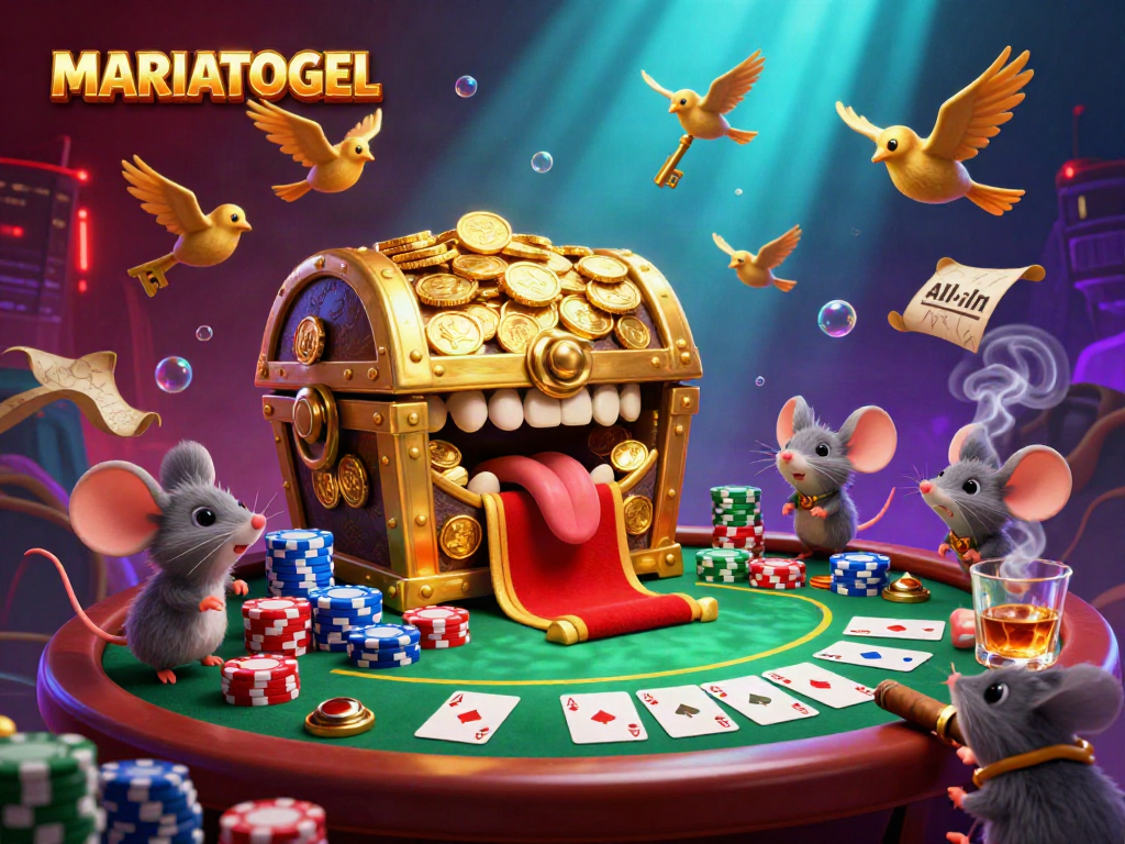 MARIATOGEL captivates with a vibrant scene of treasure luring adventurer mice amid poker elements.
