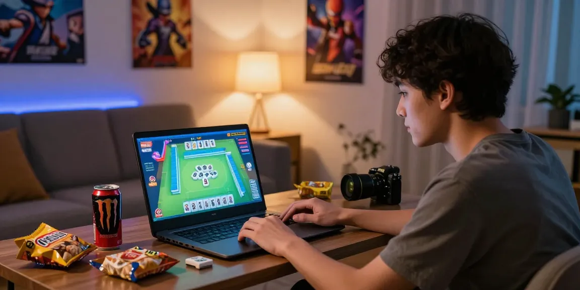 Player engaging with CIKA4D Mahjong online in a cozy gaming environment with snacks and drinks.
