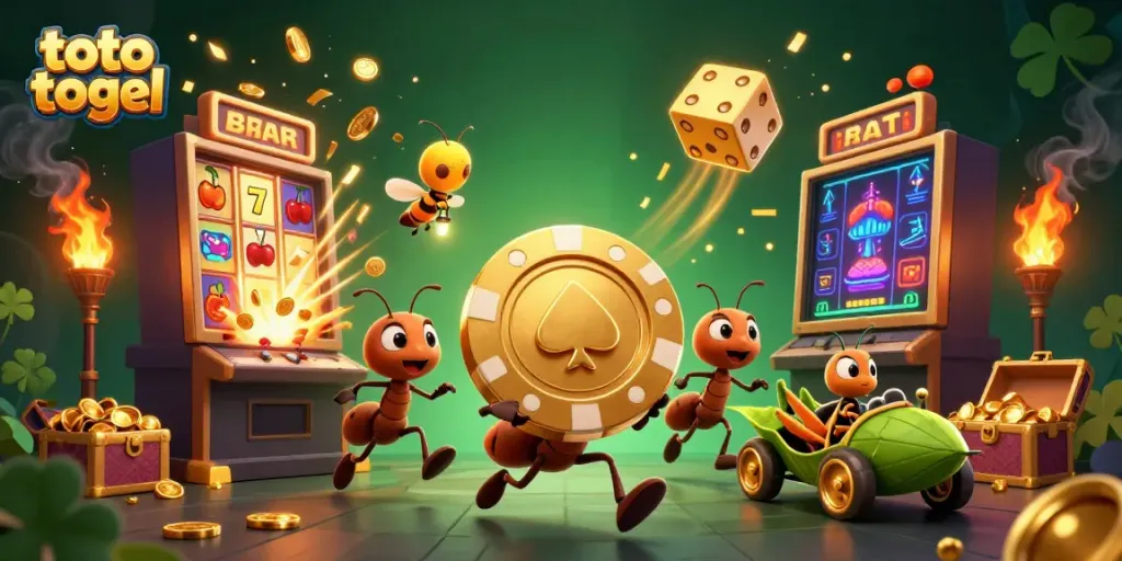 Engage in thrilling toto togel gameplay with ants heisting a giant poker chip amidst slot machines and vibrant casino themes.