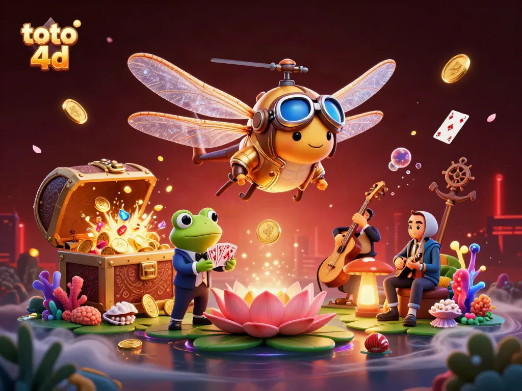 Experience the thrill of toto 4d with a vibrant illustration of a lily pad casino and exciting gaming elements.