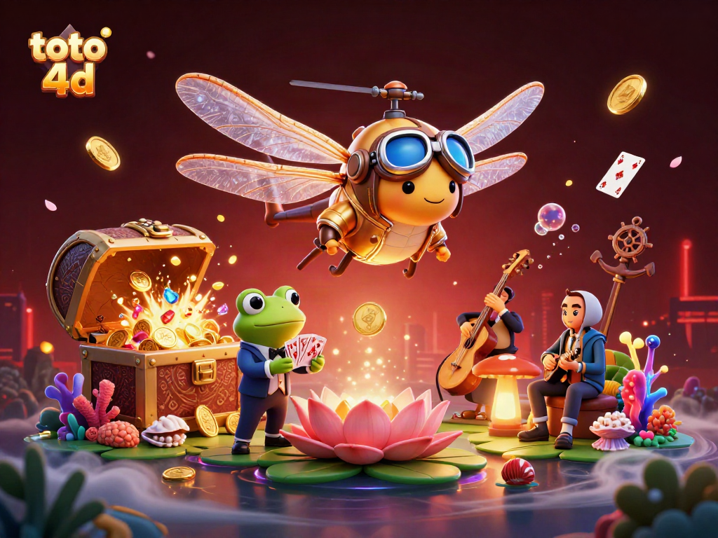 Experience the thrill of toto 4d with a vibrant illustration of a lily pad casino and exciting gaming elements.