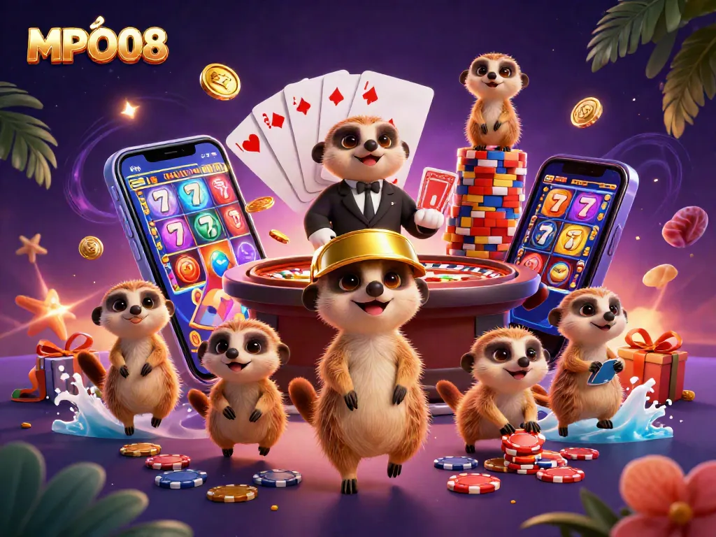 MPO08 captures meerkats engaging in dynamic casino operations with vibrant slot game elements.