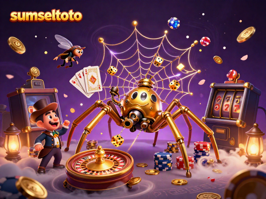 Sumseltoto features a steampunk spider catching dice with golden chains, vibrant casino elements abound.