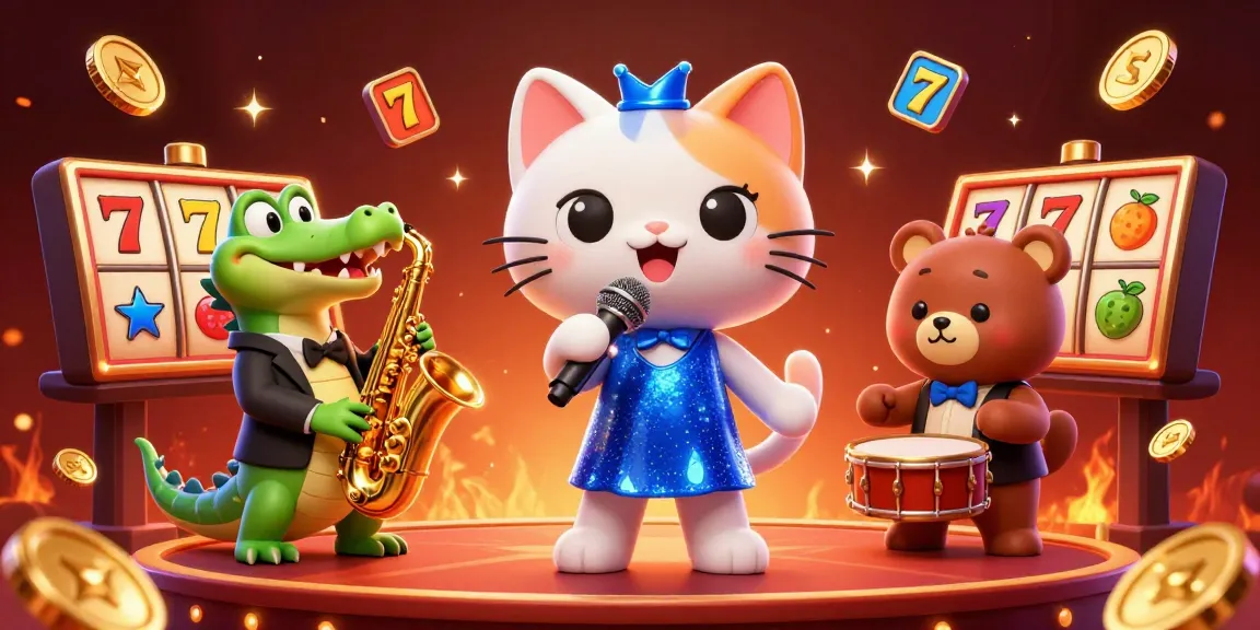 GocengQQ menyajikan kucing penyanyi jazz 3D yang menawan di atas panggung kasino dengan elemen slot yang meriah.