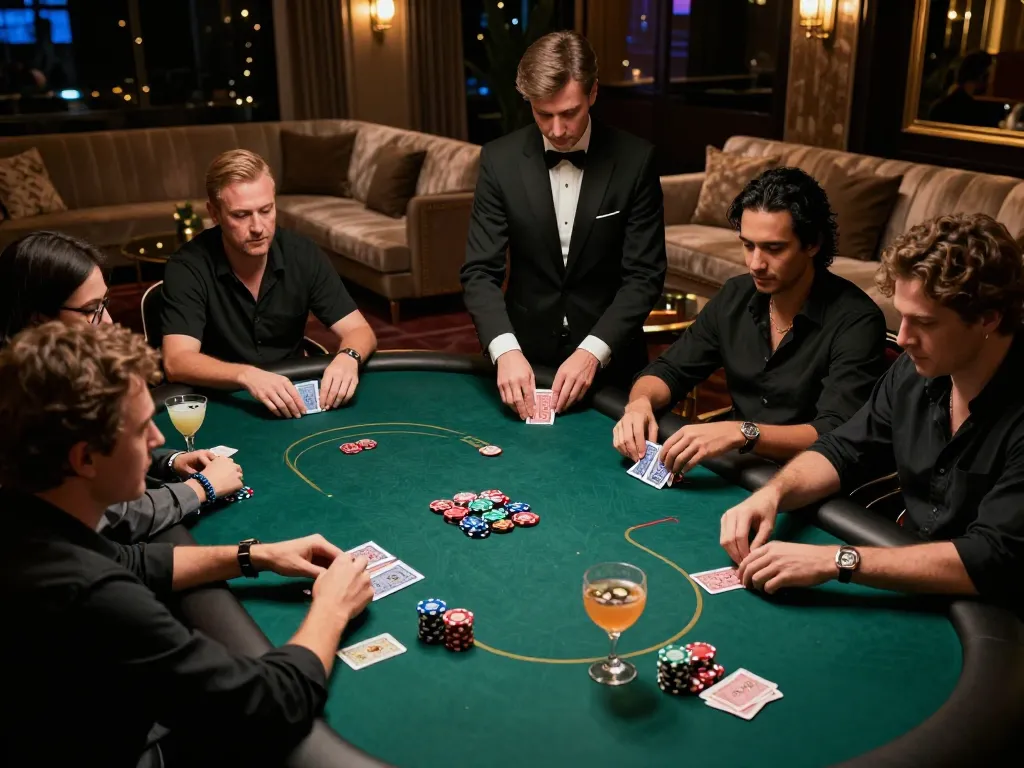 Players strategizing at a high-stakes poker table in a luxurious CM88 VIP gaming room.