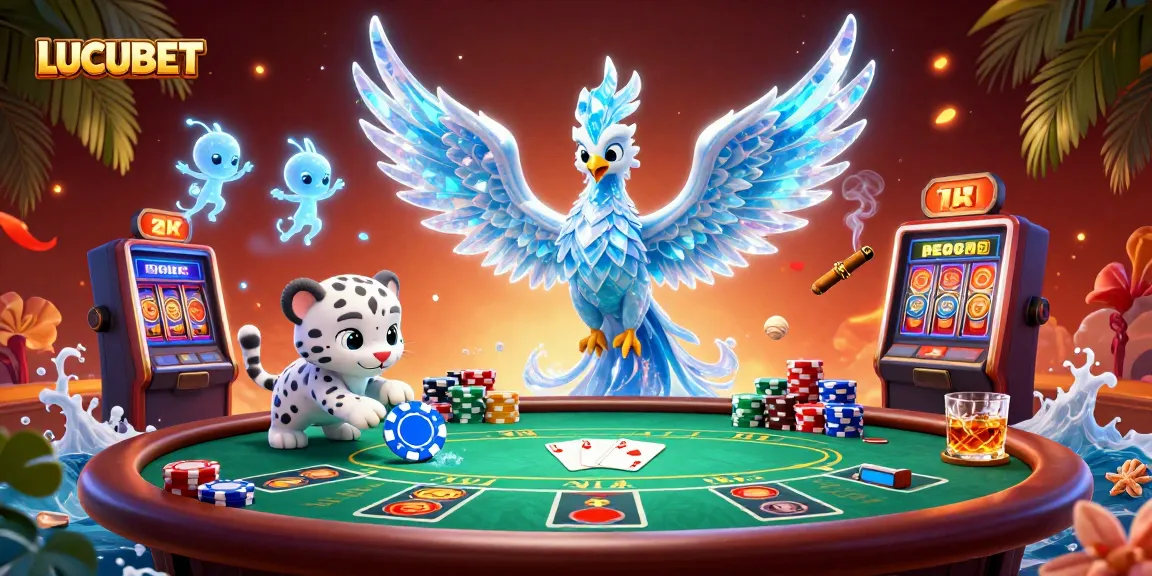 Engage with LUCUBET's thrilling ice-themed slot game featuring a majestic phoenix, a playful snow leopard, vibrant slot reels, and colorful jackpot symbols.