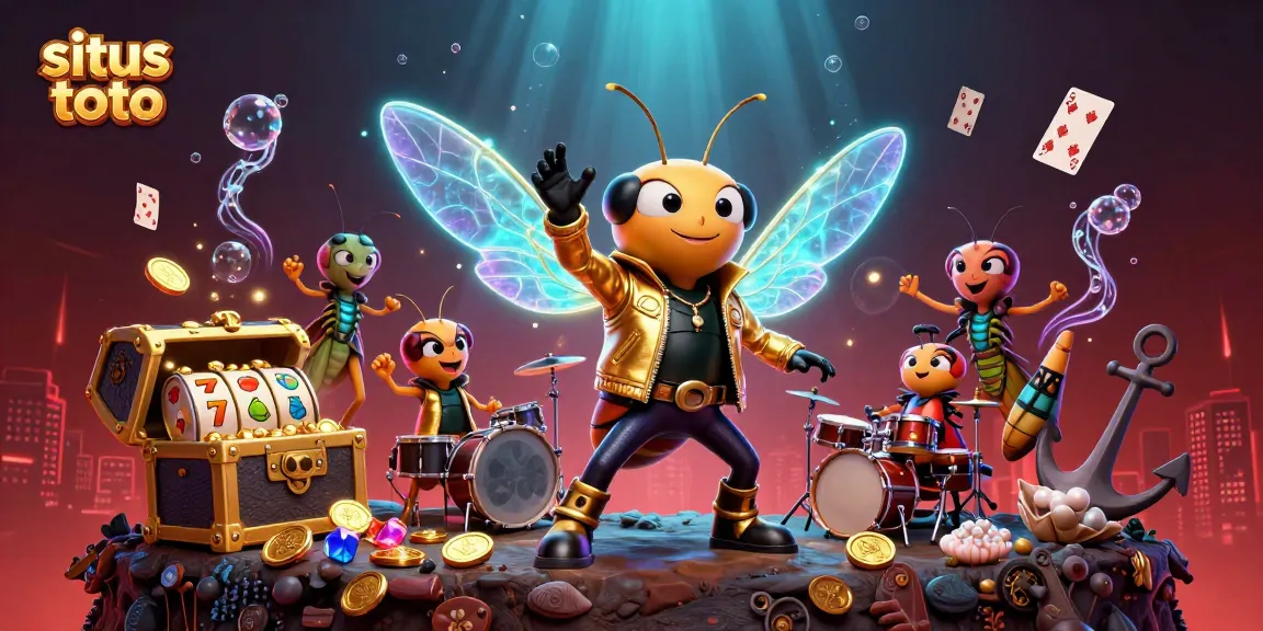 Gambarkan situs toto dengan cicada rock star, simbol slot, dan pencahayaan neon di latar belakang.