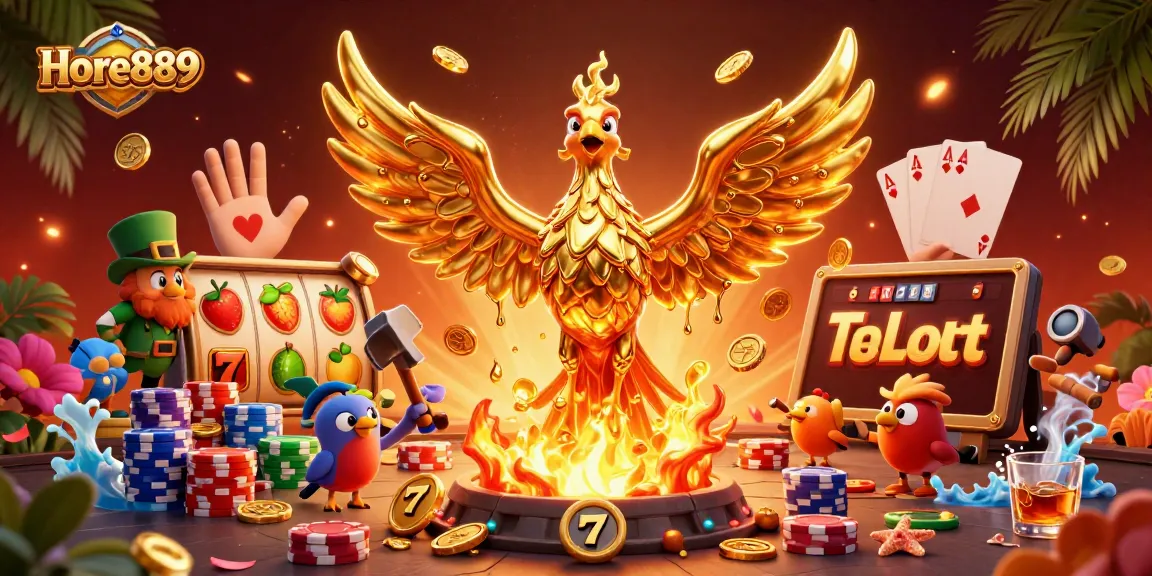 Experience thrilling gameplay at Hore889 with a molten phoenix over vibrant casino elements.