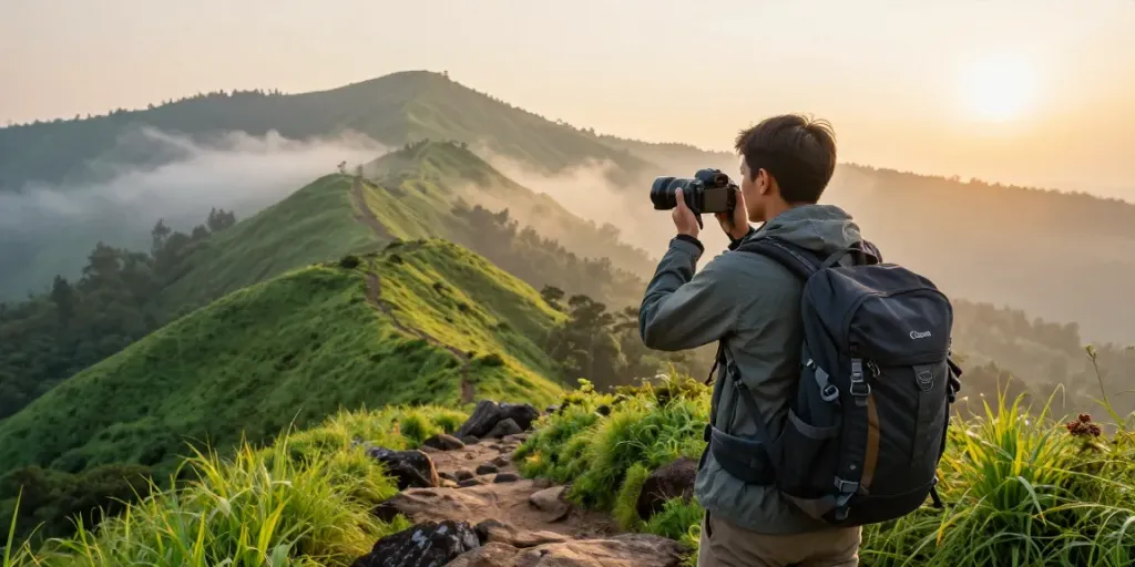 Petualang di Pakhoki menikmati pemandangan alam yang indah dan memukau saat hiking pagi.
