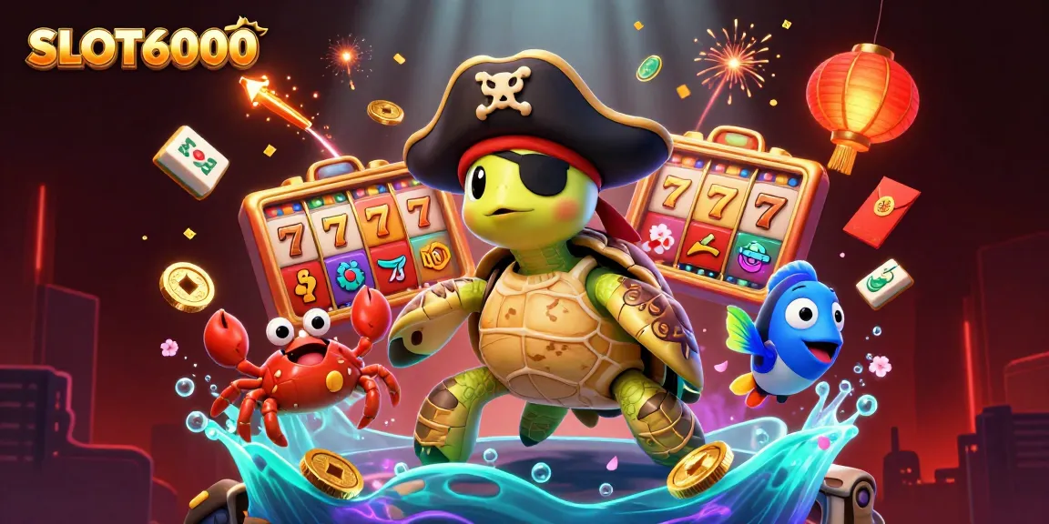 SLOT6000 illustrates a lively underwater casino scene with a pirate turtle and vibrant slot game elements
