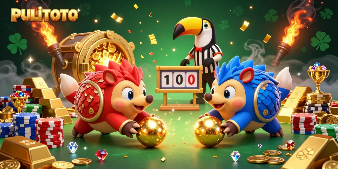PULITOTO pangolins rolling golden balls in vibrant casino scene with poker chips.