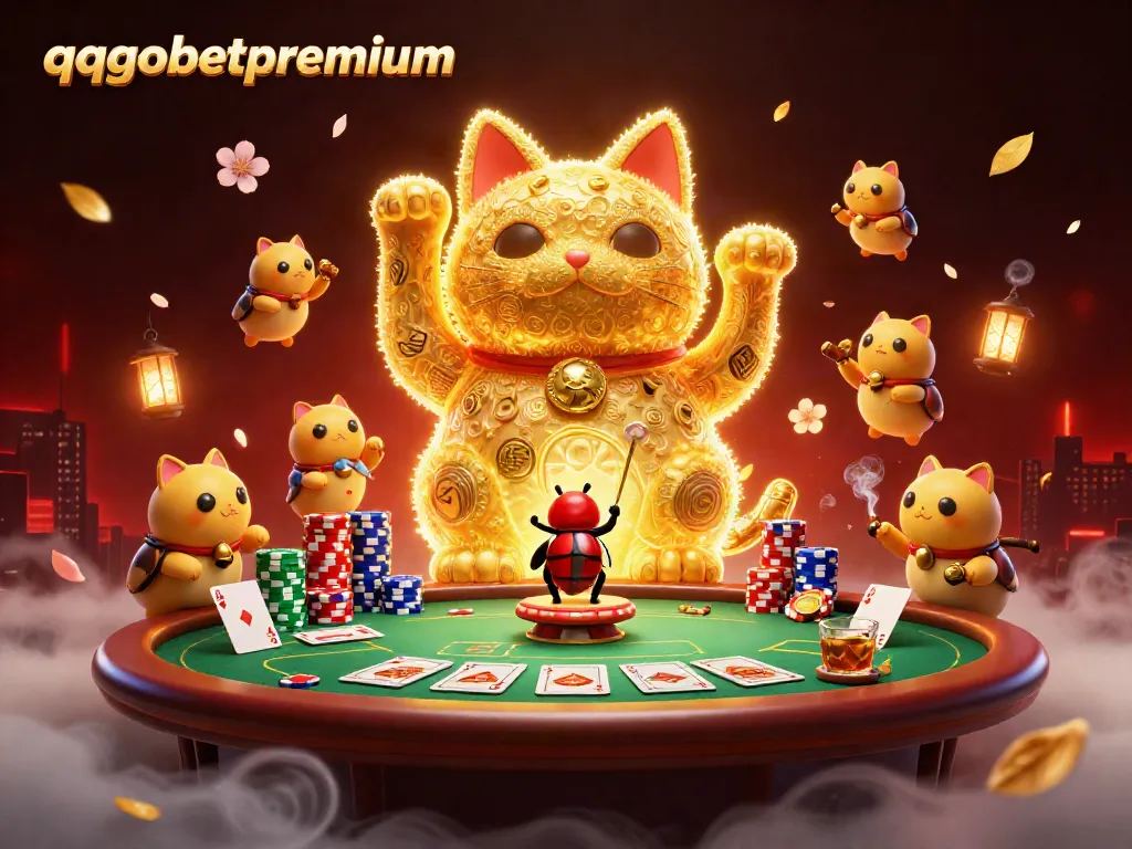 Engage with the vibrant world of qqgobetpremium featuring animated lucky symbols and a conductor beetle at a lively casino scene.