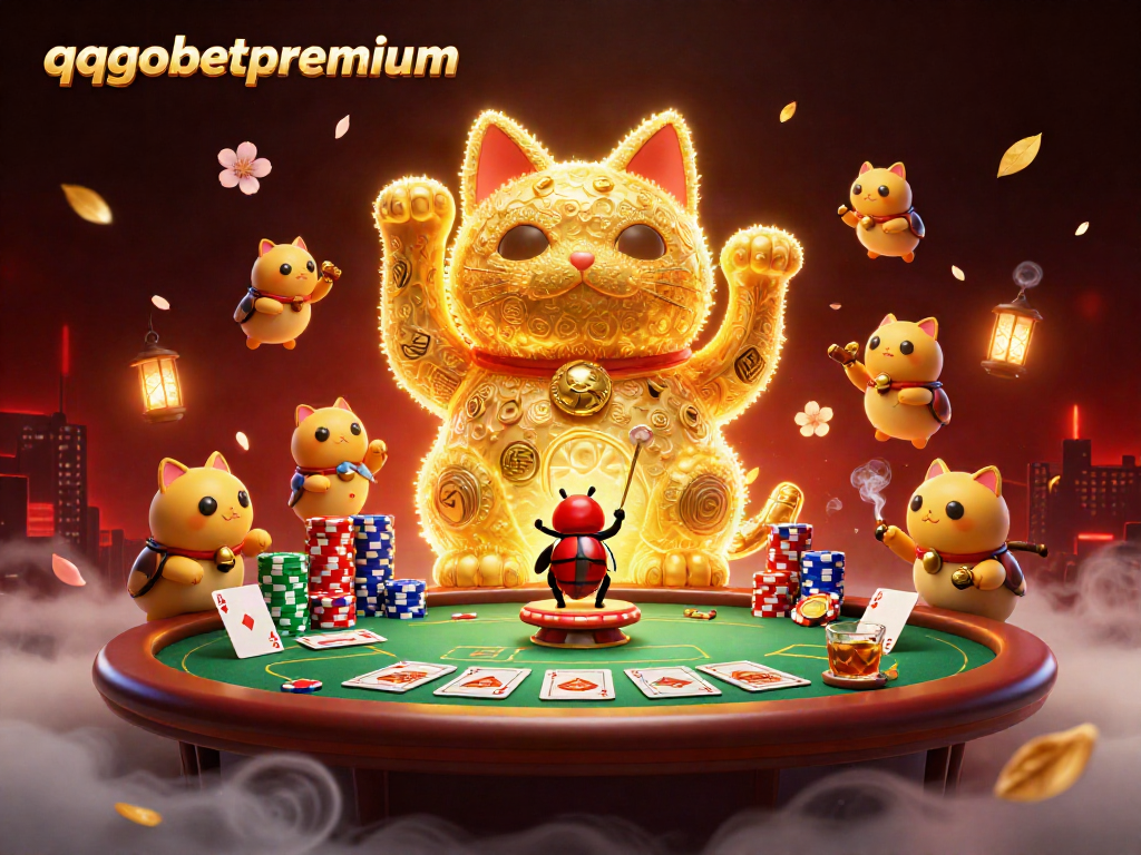 Engage with the vibrant world of qqgobetpremium featuring animated lucky symbols and a conductor beetle at a lively casino scene.