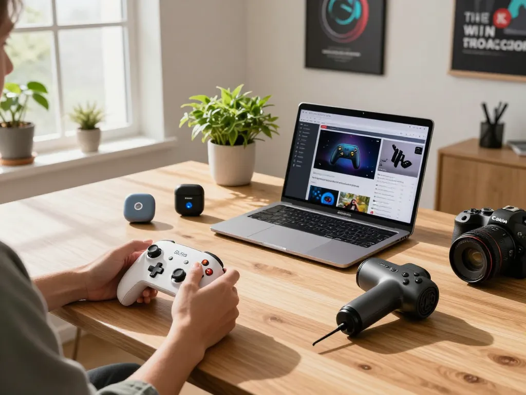 Explore trending tech gadgets like the 8BitDo Ultimate 2 controller and AirFly Pro 2 in a modern home office.