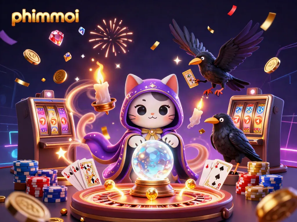 phimmoi showcasing a mystical gambling scene with a fortune teller cat and a tarot raven