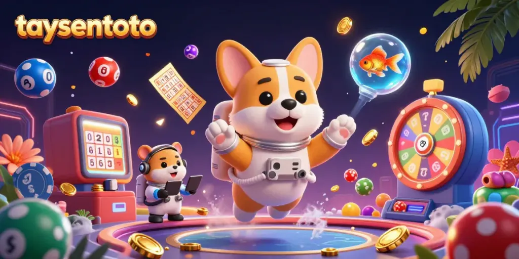 Experience taysentoto with a lively 3D scene of an astronaut corgi and friends in a space casino.