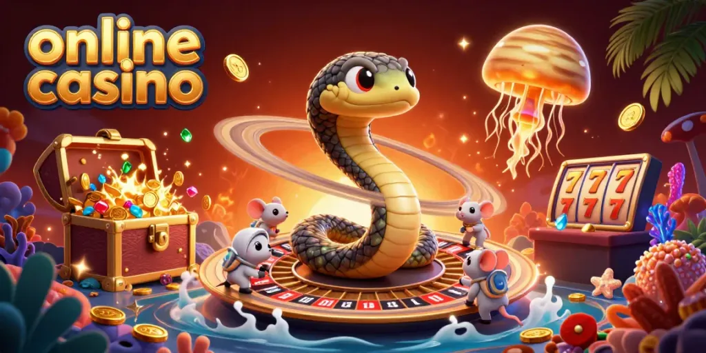 Engage with an online casino as mice bet around a roulette-like Saturn while a jellyfish dealer floats.
