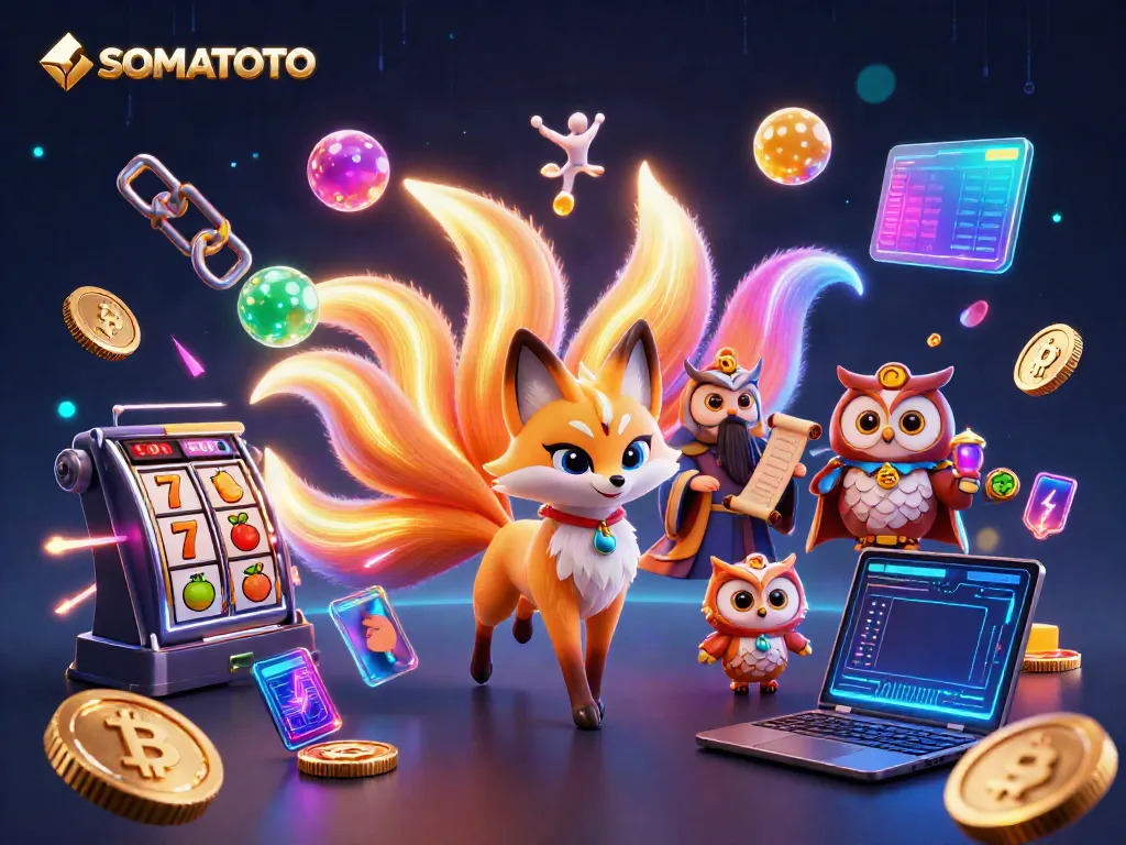 Join the SOMATOTO gaming world with a vibrant 3D illustration of a fox spirit and owl sage, highlighting slot gaming!