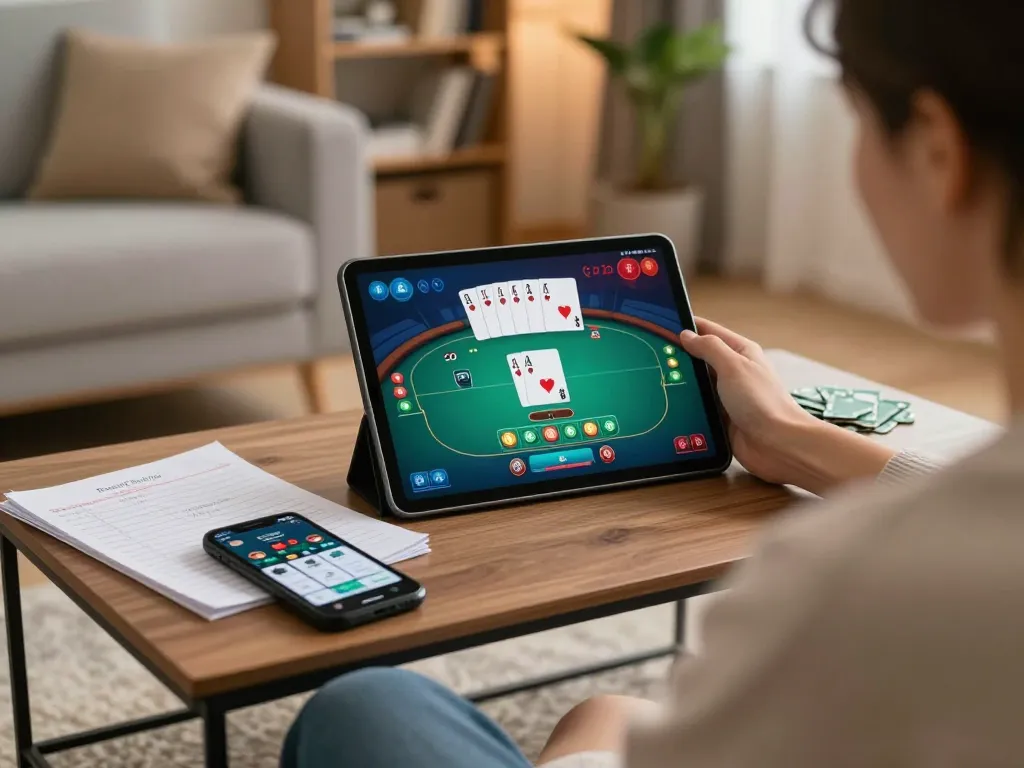 rokok 88 player strategizing poker on tablet in a cozy home setting