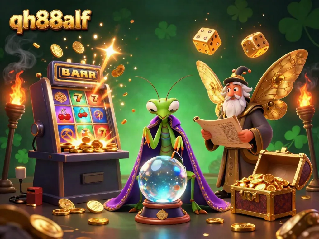 Engage with qh88alf's exciting casino games through vibrant 3D illustration of a mystical gambling scene.