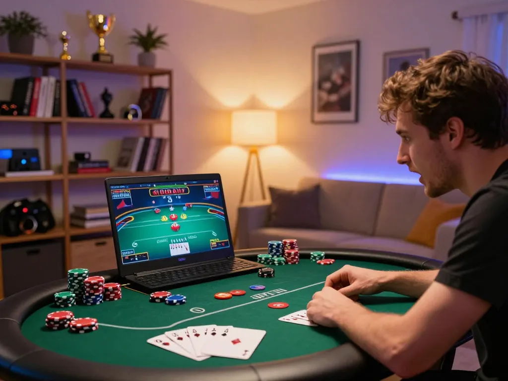 NAGA2000 Daftar reveals an intense online poker gameplay moment in a cozy home setting.