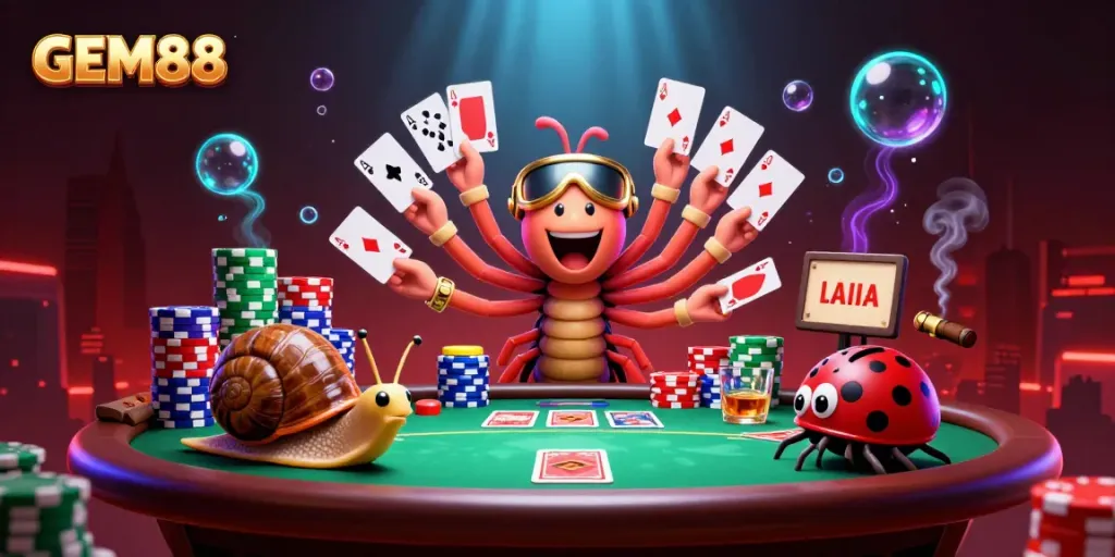 Experience the excitement of GEM88 with a vibrant casino scene illustrating a millipede dealer and high-roller characters.