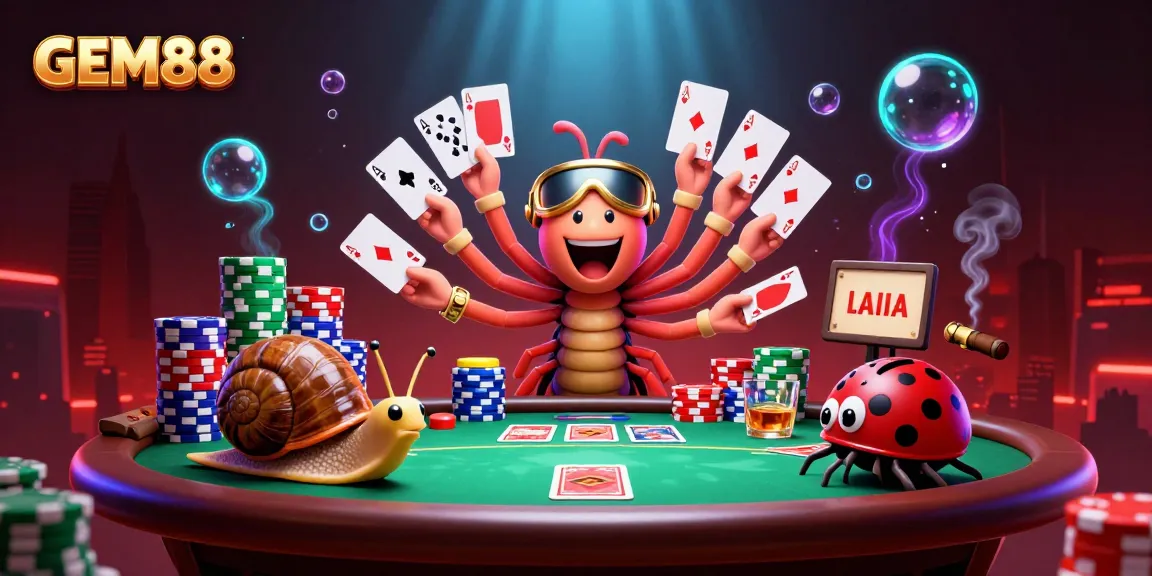 Experience the excitement of GEM88 with a vibrant casino scene illustrating a millipede dealer and high-roller characters.