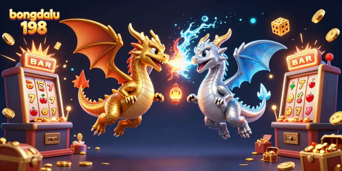 Experience the excitement of gambling with bongdalu 198 as twin dragons unleash fiery and icy breath in a captivating casino-themed scene.