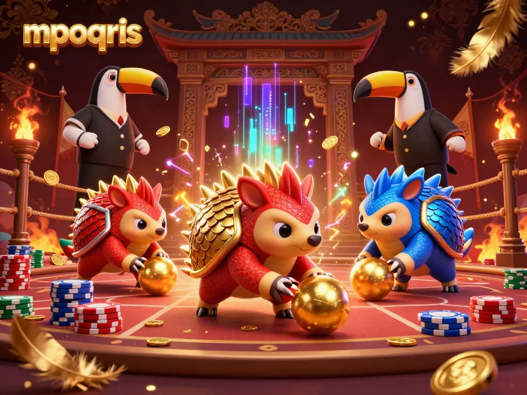 Memperkenalkan mpoqris dengan dua pangolin bersaing dalam arena perjudian, menembakkan koin emas.