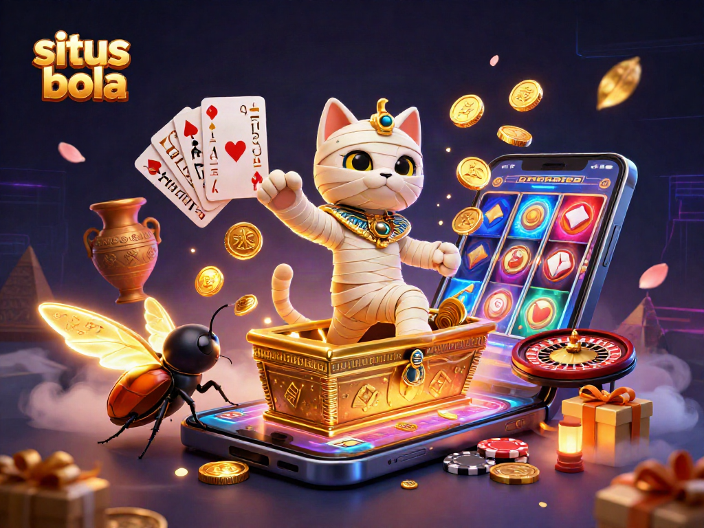 Menangkan taruhan situs bola dengan ilustrasi kucing mummy dan elemen judi yang menarik.