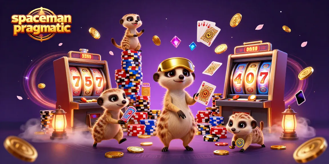Mainkan spaceman pragmatic dengan sekelompok meerkat di kasino 3D yang meriah, dikelilingi koin emas.