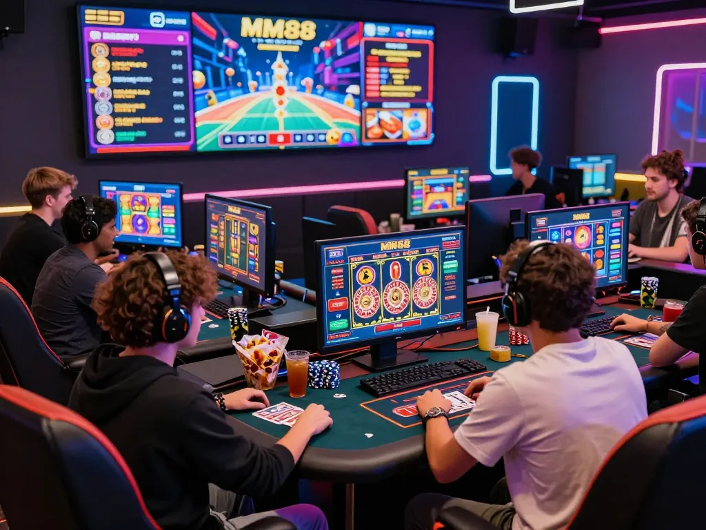 Engaging gaming scene with players focused on MM88 online casino interface in a stylish lounge atmosphere.
