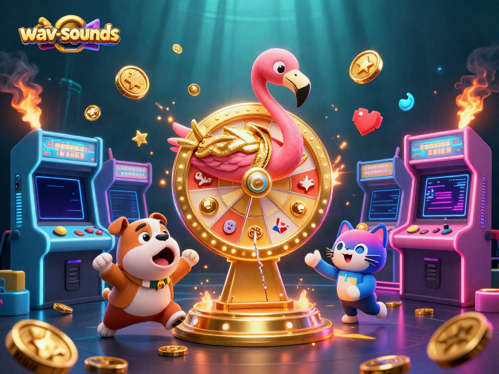 Permainan bertema kasino yang dinamis dengan wav-sounds, menampilkan flamingo dan bulldog di roda hadiah.