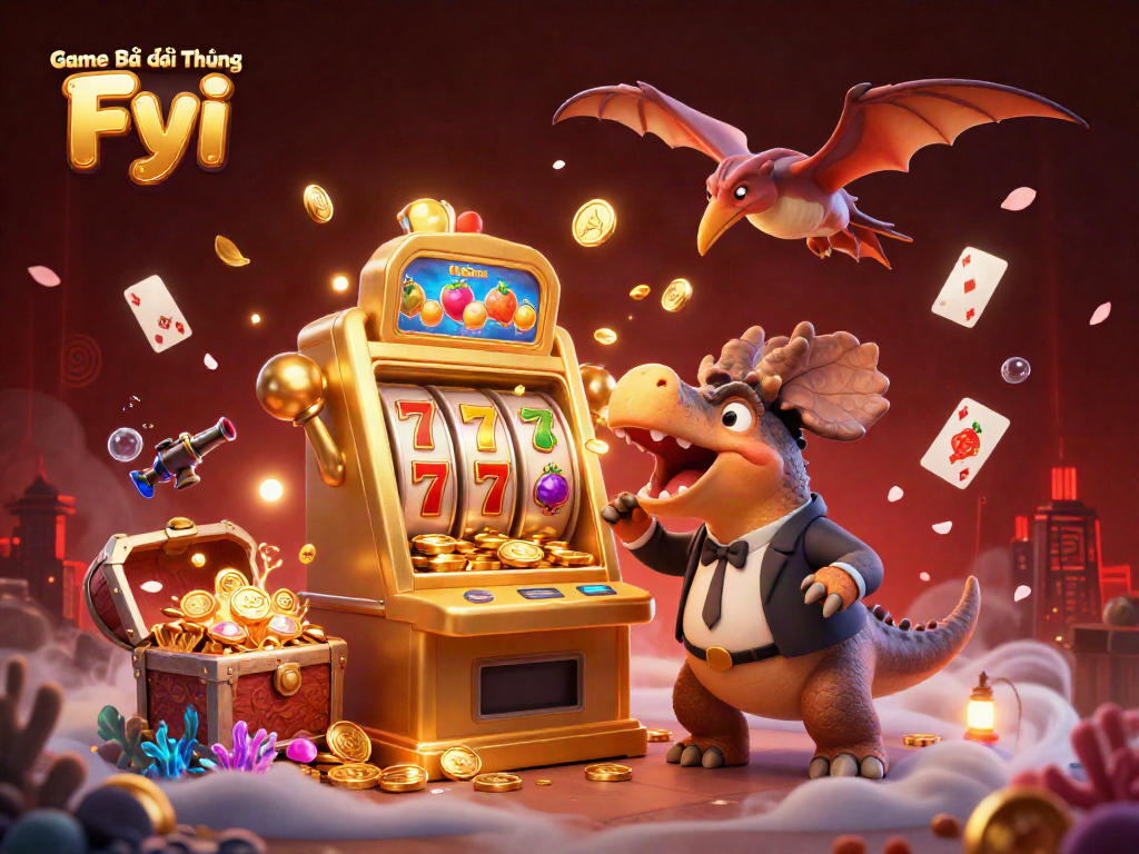 Game Bài Đổi Thưởng Fyi showcases a dinosaur winning jackpot coins, capturing the excitement of a casino.
