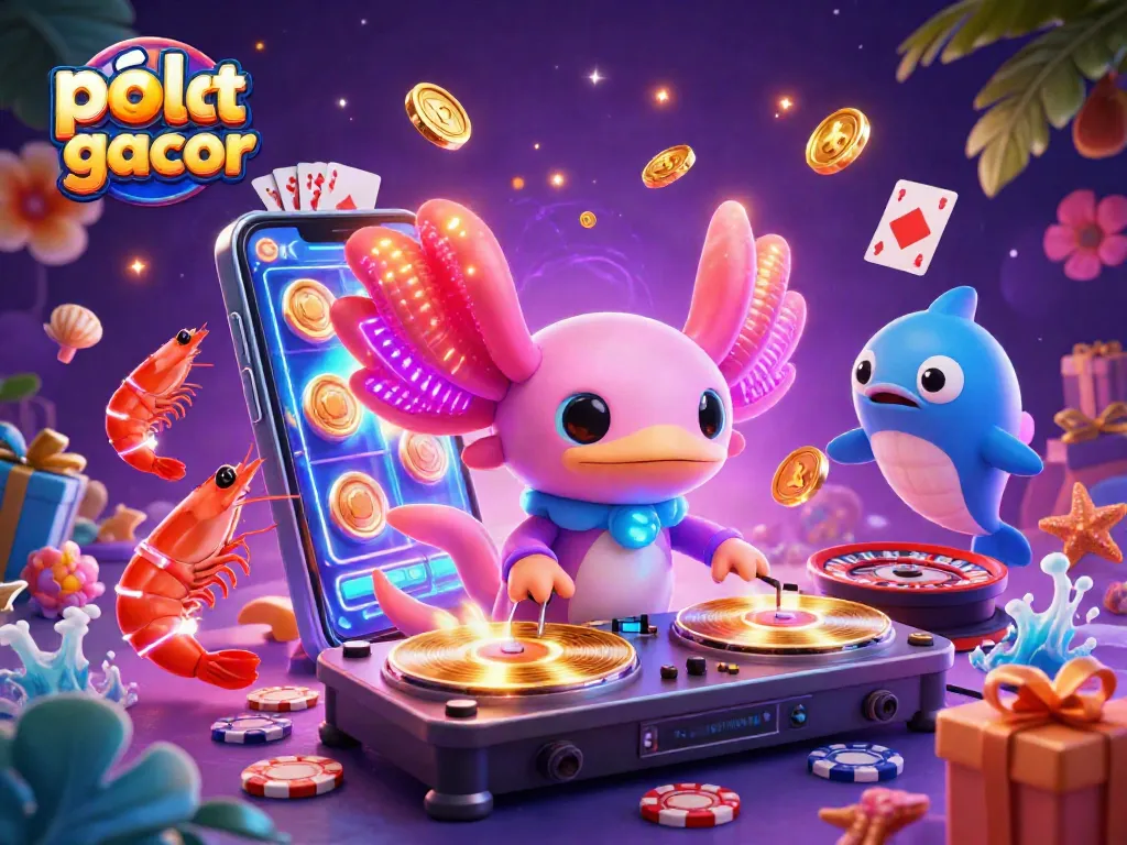 Engage in exciting pola slot gacor action with a vibrant axolotl DJ amidst lively aquatic characters.