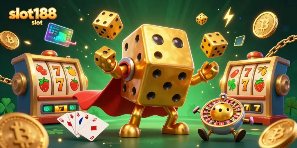 Akses mudah ke slot188 slot dengan ilustrasi ceria dan simbol permainan yang menarik.