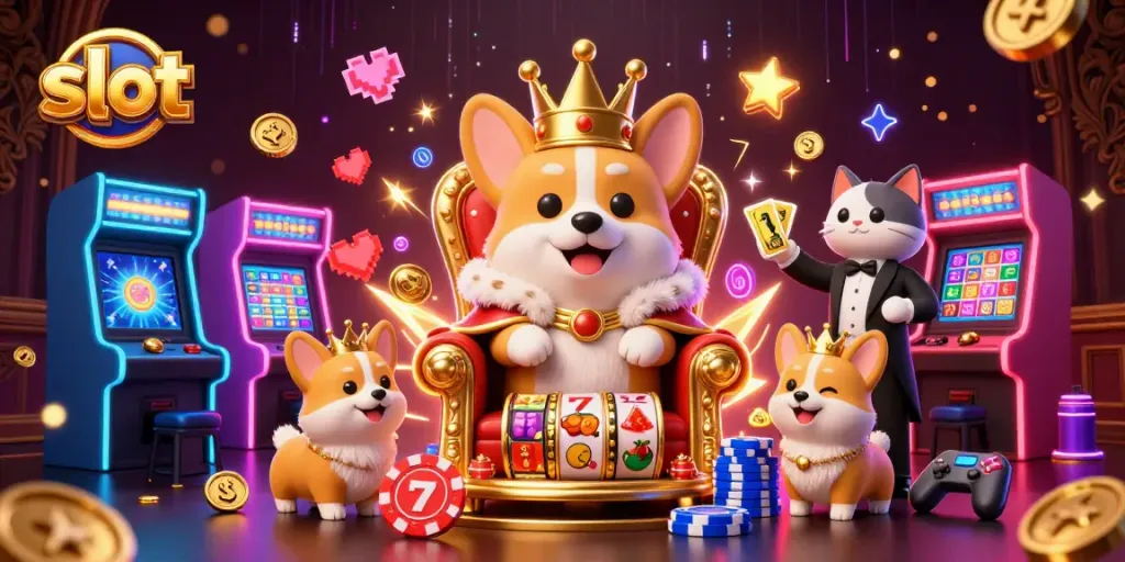 Slot menghibur dengan korgi kerajaan dan simbol keberuntungan di kasino virtual.
