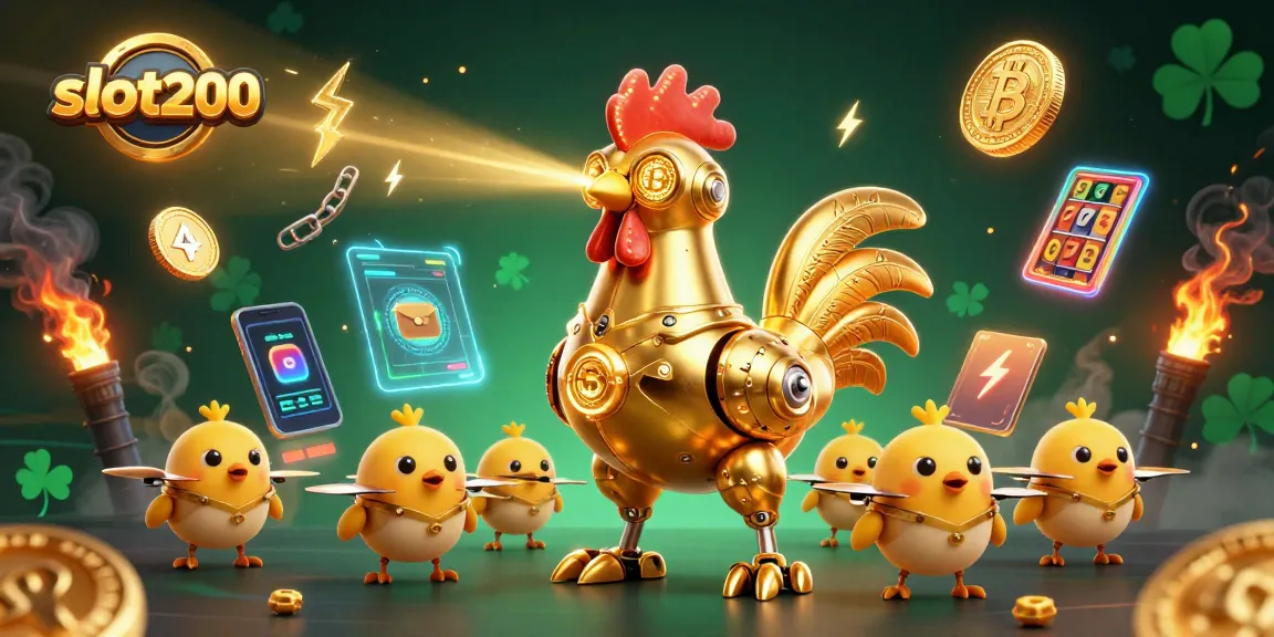 Slot200 menawarkan pengalaman bermain slot yang seru dengan robot ayam emas futuristik dan elemen kripto 3D.